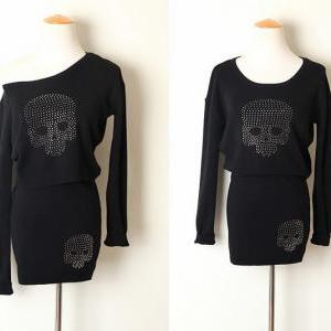 Vintage Punk Skull Dress Skirt Knitted Suits Twin..