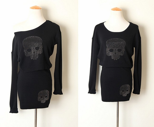 Vintage Punk Skull Dress Skirt Knitted Suits Twin Sets