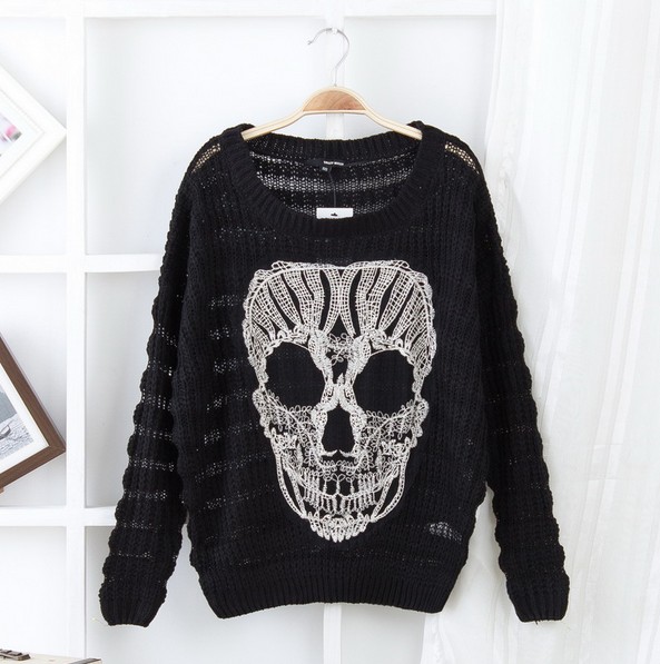 Quirky Embroidery Skull Loose Pullover Sweaters Quality Xs S M L on Luulla